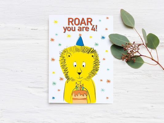 Kids 4th Birthday Card - Roar you are 4 - Lion Birthday Card