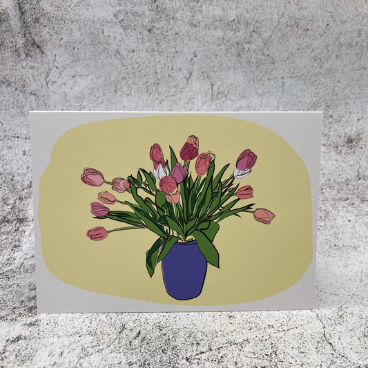 Greeting card - Tulips in a blue vase