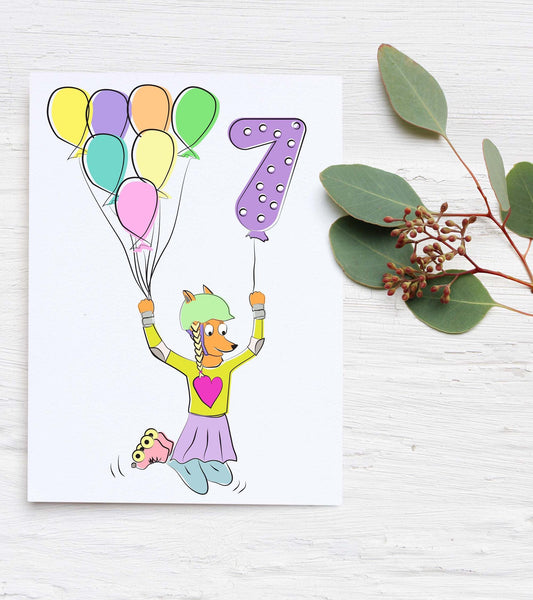 Happy 7th birthday card - fox on roller skates - Blank inside - FREE UK delivery