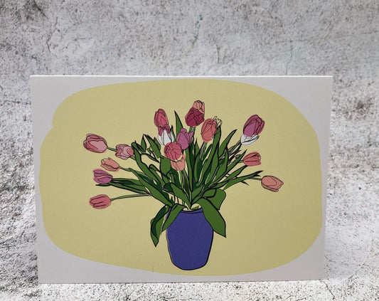 Greeting card - Tulips in a blue vase